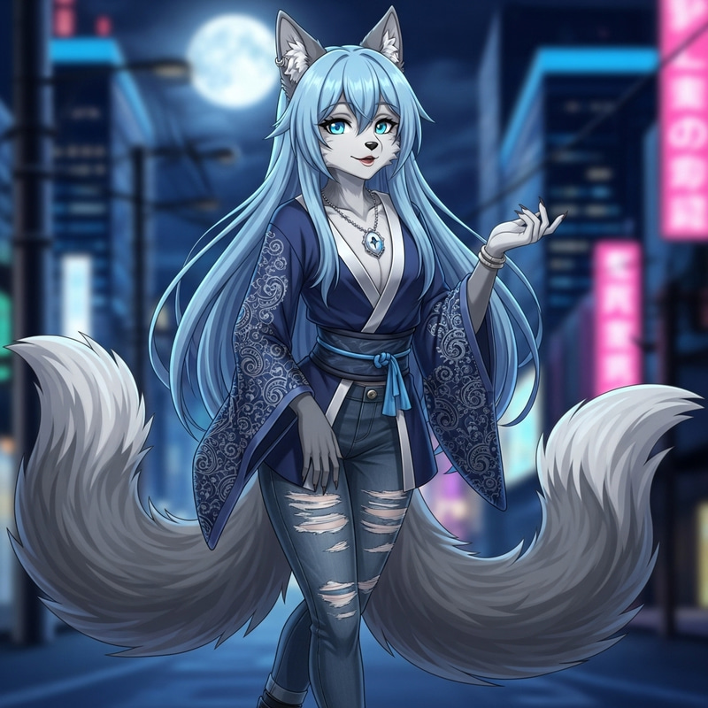 Anime Wolf Woman with Two Tails in Light Blue Hair Anime Wolf Woman with Two Tails in Light Blue Hair