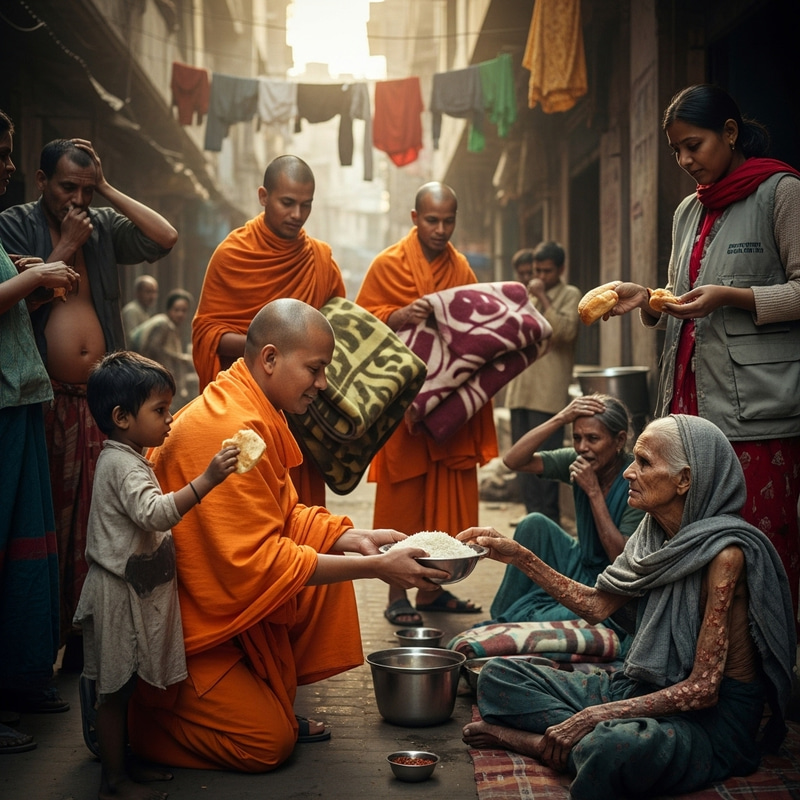 Compassionate Monk Helping the Poor and Sick Compassionate Monk Helping the Poor and Sick