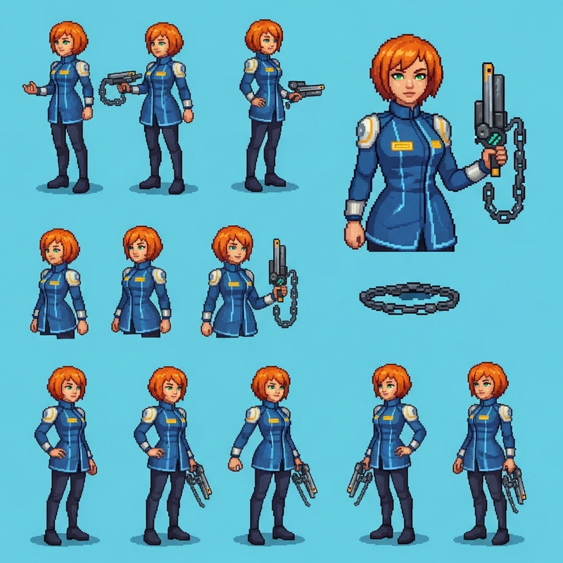 Marie Wentz Pixel Art Character Sheet: Cyberpunk Detective Design Marie Wentz Pixel Art Character Sheet: Cyberpunk Detective Design