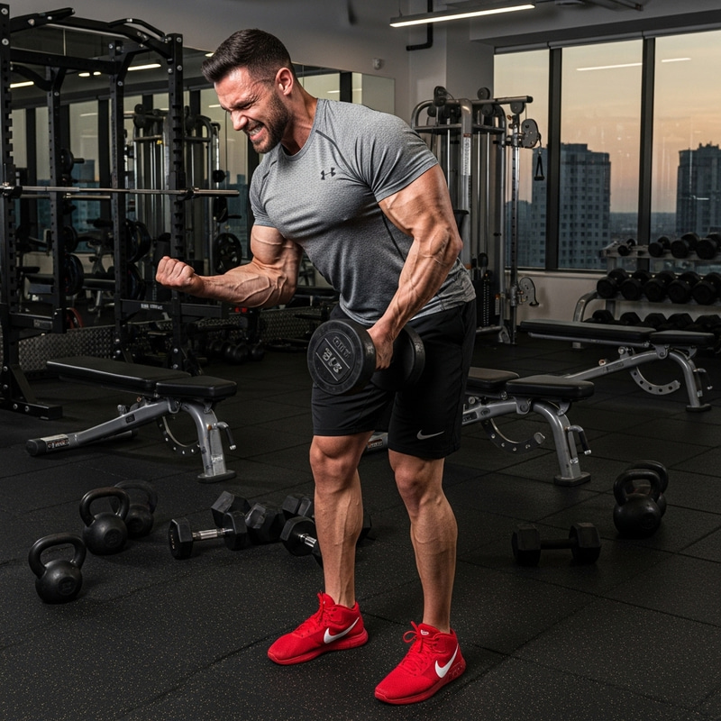 Arnold Schwarzenegger with Nike Sneakers | Performing Bicep Curl in Well-Equipped Gym Arnold Schwarzenegger with Nike Sneakers | Performing Bicep Curl in Well-Equipped Gym