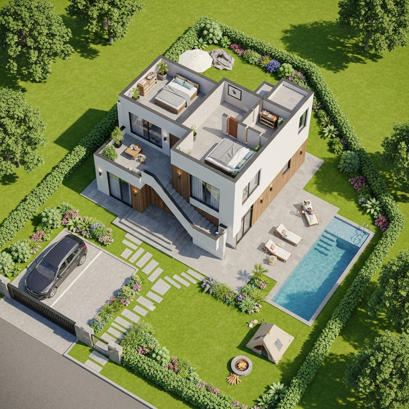 Geometric Two-Storey Modern House Design with 4 Bedrooms & Lush Garden