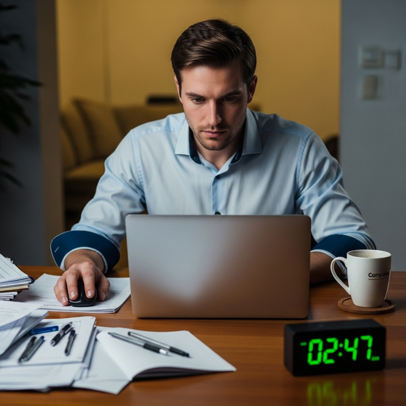 Professional Caucasian Male Engrossed at Cluttered Workspace with Clock Professional Caucasian Male Engrossed at Cluttered Workspace with Clock