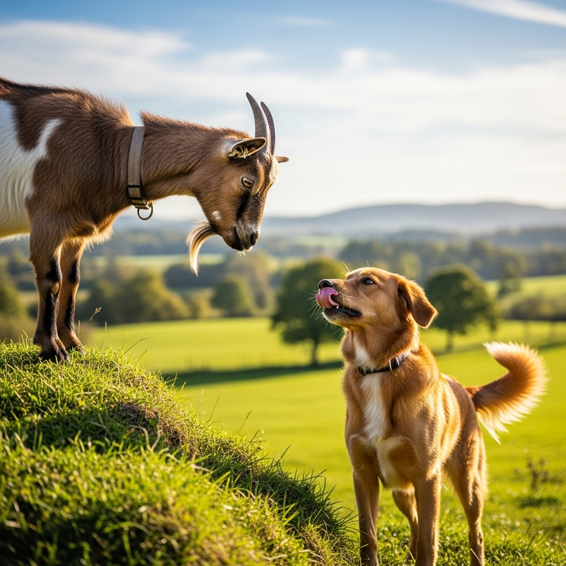 Goat and Dog: A Playful Countryside Encounter