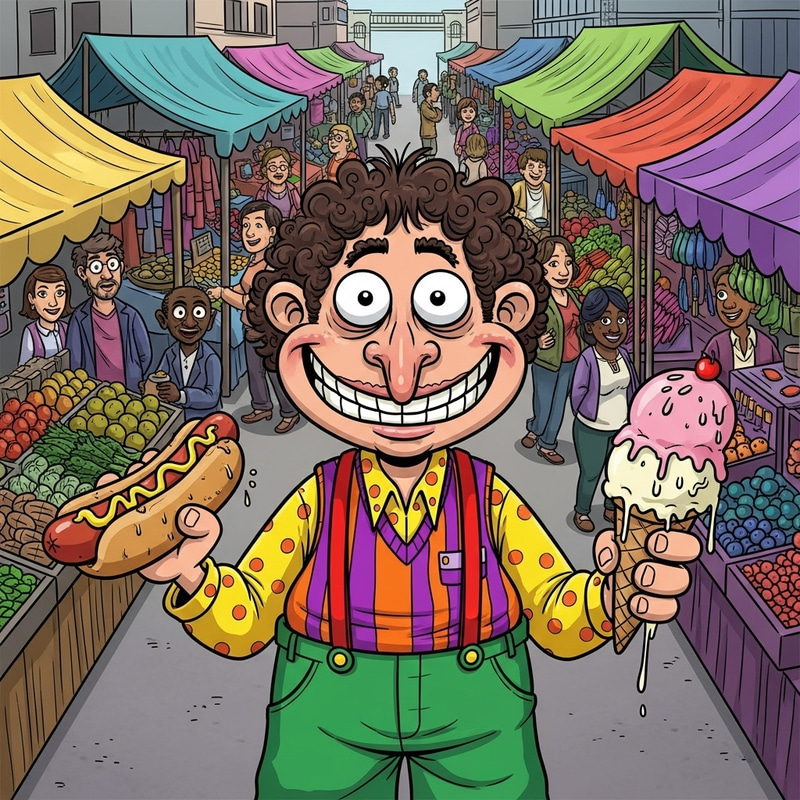 Colorful Caricature in Market Scene - Fun Illustration