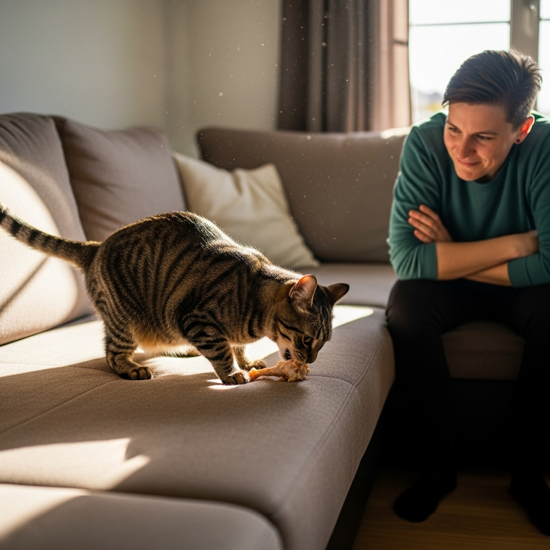Mischievous Cat Nibbling on Sofa - Hilarious Moment