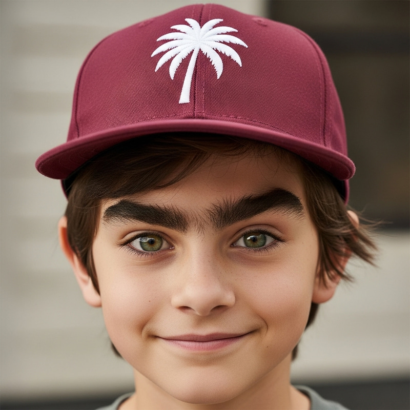 Boy with Brown Hair and Wine-Colored Cap with White Palm Tree Design Boy with Brown Hair and Wine-Colored Cap with White Palm Tree Design