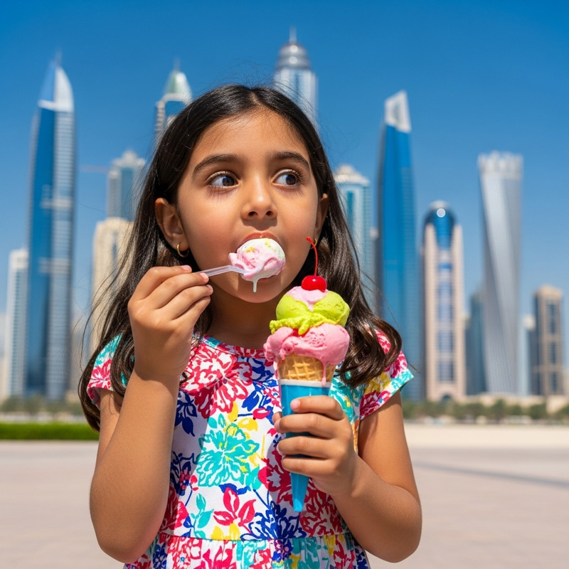 Happy 6-Year-Old Girl Eating Ice Cream in Dubai | Joyful Treat Happy 6-Year-Old Girl Eating Ice Cream in Dubai | Joyful Treat