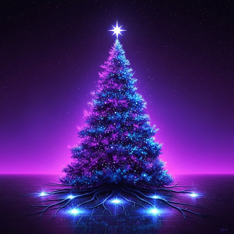 Majestic Evergreen Christmas Tree in Mystical Night Setting