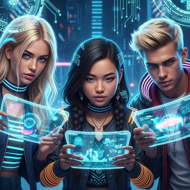Gamer Cyberpunk Trio: Blonde, Dark-Haired, Neon World Gamer Cyberpunk Trio: Blonde, Dark-Haired, Neon World