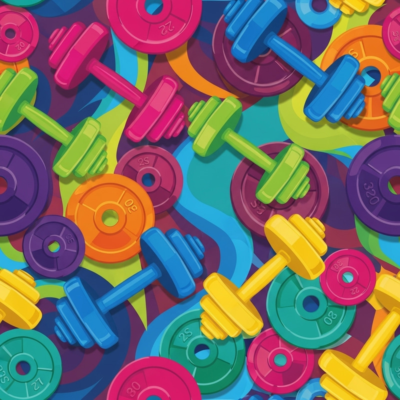 Colorful Gym Equipment Fabric Print - Vivid Dumbbells & Weight Plates Background Colorful Gym Equipment Fabric Print - Vivid Dumbbells & Weight Plates Background