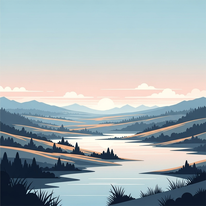 Tranquil Lake Scene: Serene & Beauty in Minimalistic Landscape Illustration