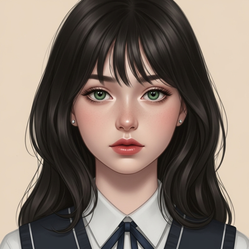 Beautiful 15-Year-Old Girl with Black-Brown Hair, Green Eyes, and Rosy Lips Beautiful 15-Year-Old Girl with Black-Brown Hair, Green Eyes, and Rosy Lips