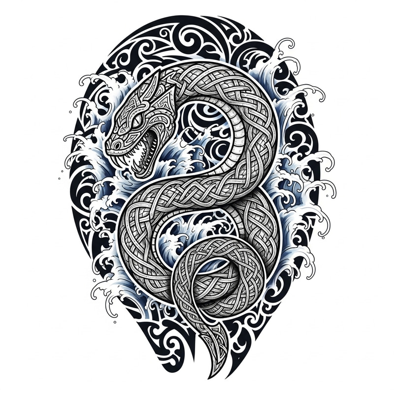 Viking Tattoo Design of Jörmungandr in Maori-Style Art