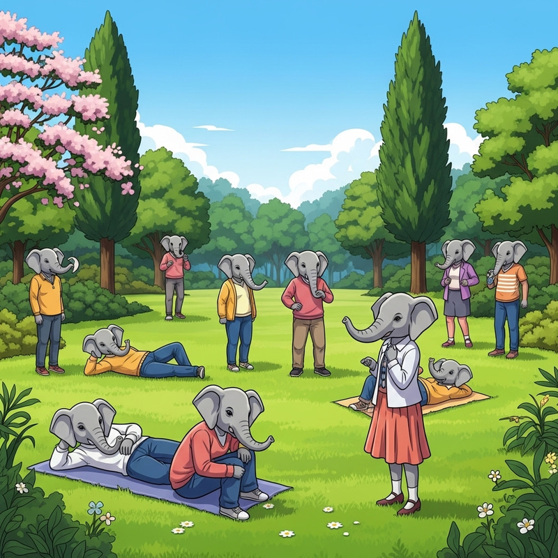 Whimsical Elephant-Headed People in Colorful Attire at Park Whimsical Elephant-Headed People in Colorful Attire at Park