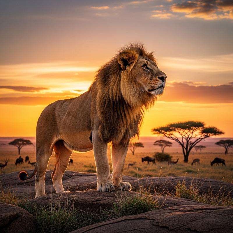 Majestic Lion at African Sunset