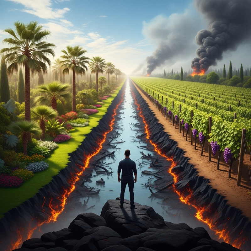 Man Gazing at Lush Gardens and Devastated Rivers Man Gazing at Lush Gardens and Devastated Rivers