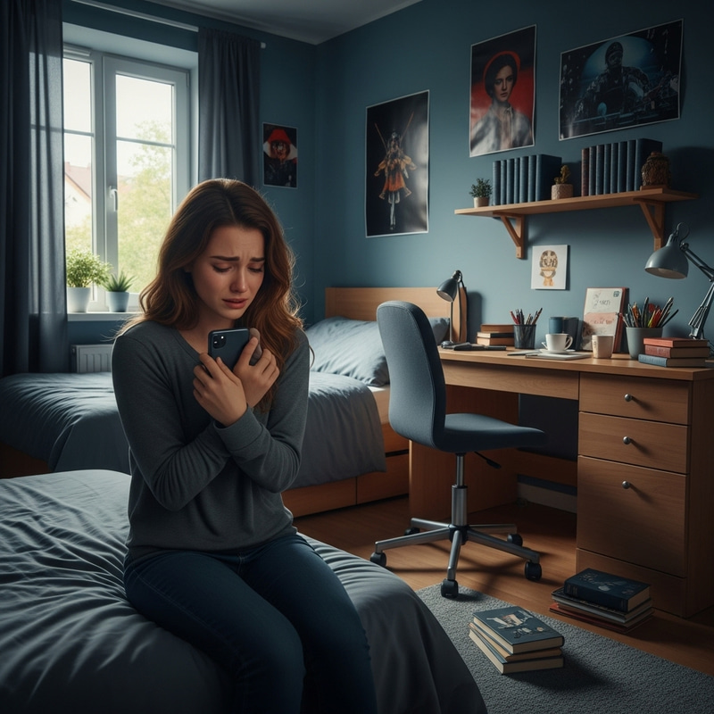 Girl Crying with Phone in Hand in Bedroom