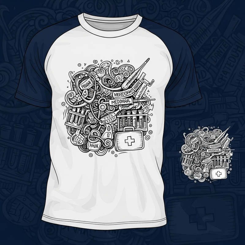 White & Dark Blue Medical Tools Doodle T-Shirt - Names, Numbers White & Dark Blue Medical Tools Doodle T-Shirt - Names, Numbers