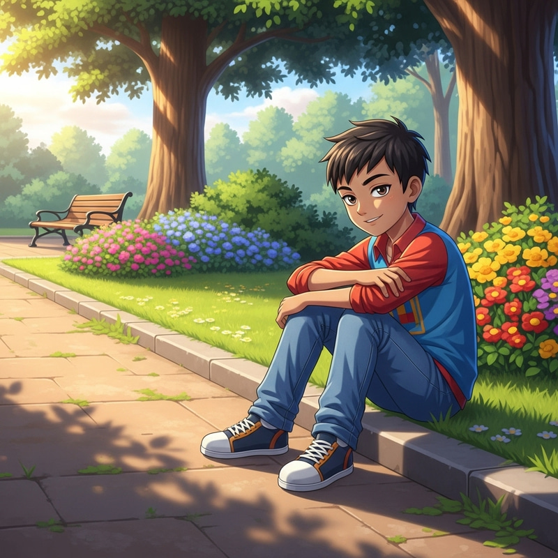 Anime Boy Sitting in a Peaceful Park Anime Boy Sitting in a Peaceful Park
