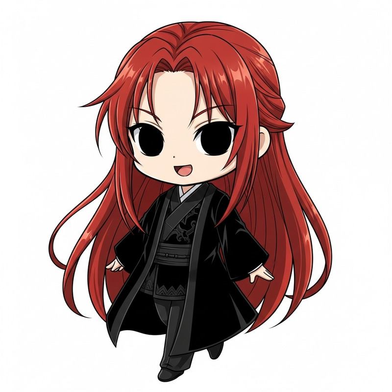 Chibi Character with Long Red Hair and Dark Attire on White Background