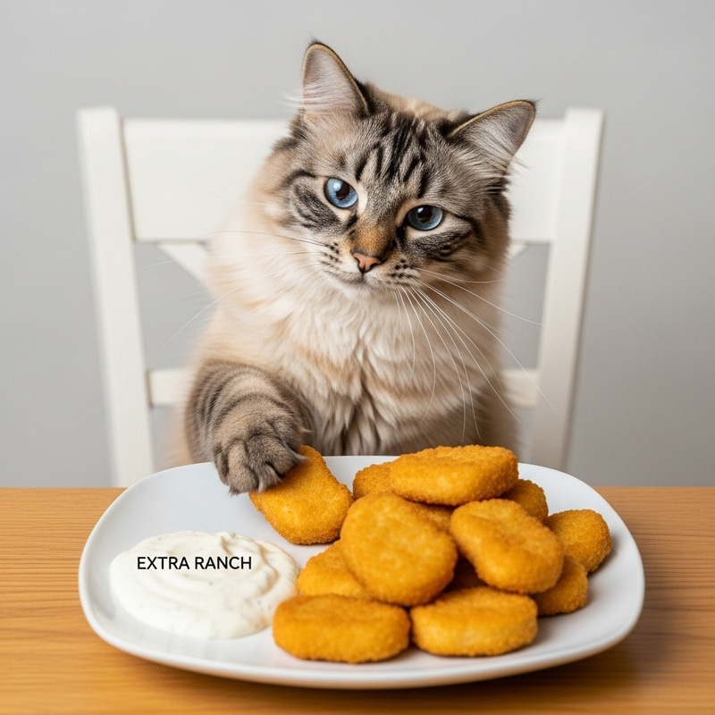 Cute Cat Eating Golden Chicken Nuggets with Ranch Sauce