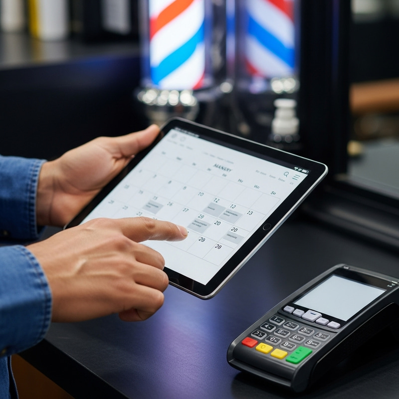 Barber's Hand Holding Tablet with Calendar | Modern Barbershop Barber's Hand Holding Tablet with Calendar | Modern Barbershop