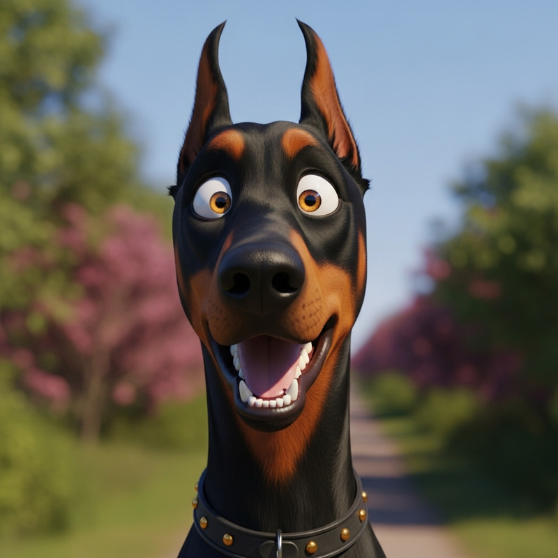 Adorable Doberman with Crazy Face in Vibrant 3D Pixar Style