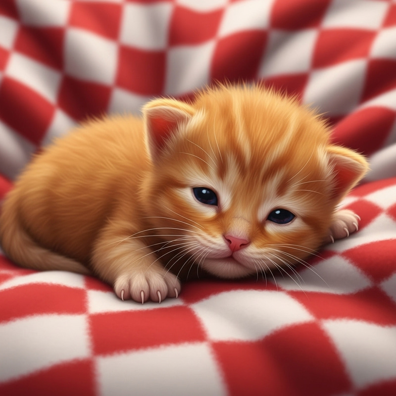 Adorable Newborn Orange Kitten on Checkered Blanket