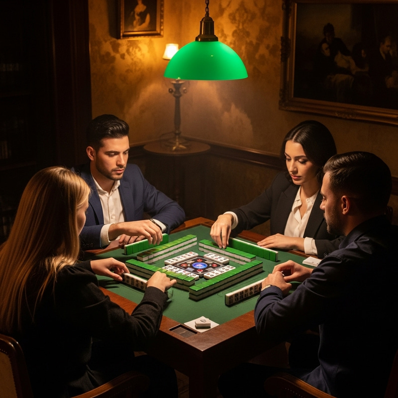 Diverse Group Playing Mahjong in Atmospheric Room Diverse Group Playing Mahjong in Atmospheric Room
