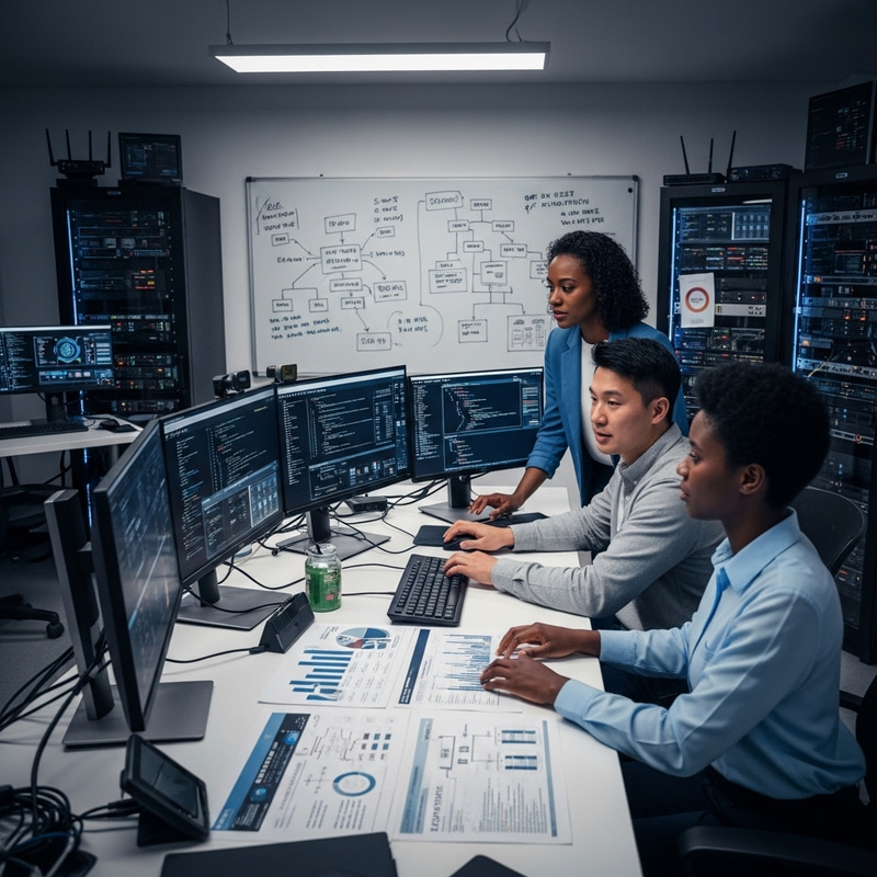 Detailed Scene of Software Testing in Progress: Diverse Team at Work Detailed Scene of Software Testing in Progress: Diverse Team at Work