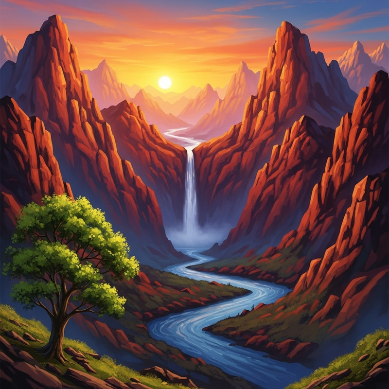 Vibrant Red Mountains, Waterfall, Blue River & Sunset Vibrant Red Mountains, Waterfall, Blue River & Sunset