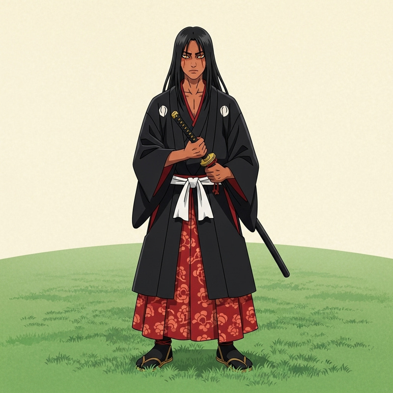 Contemporary Anime Character in Traditional Japanese Style | Black Hair, Orange Eyes, Katana Contemporary Anime Character in Traditional Japanese Style | Black Hair, Orange Eyes, Katana