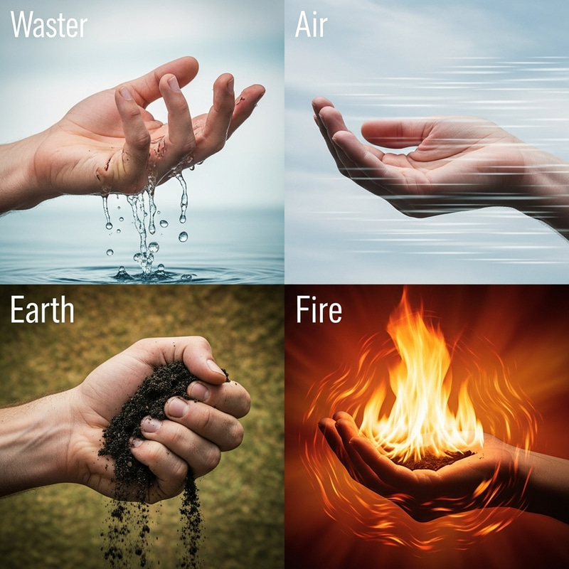 Elemental Hands: Water, Air, Earth, and Fire Grasped Elemental Hands: Water, Air, Earth, and Fire Grasped