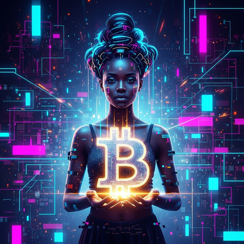 Bitcoin Revolution: Digital Artwork with Person Holding Symbol Bitcoin Revolution: Digital Artwork with Person Holding Symbol