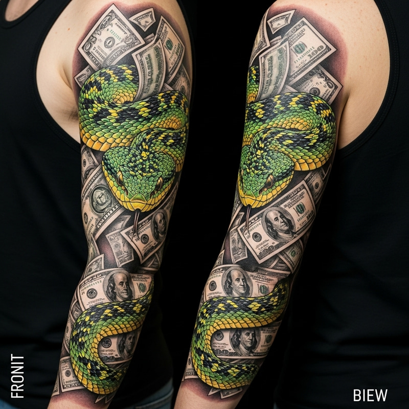 Unique Bush Viper Arm Tattoo Design: Money Motif Unique Bush Viper Arm Tattoo Design: Money Motif