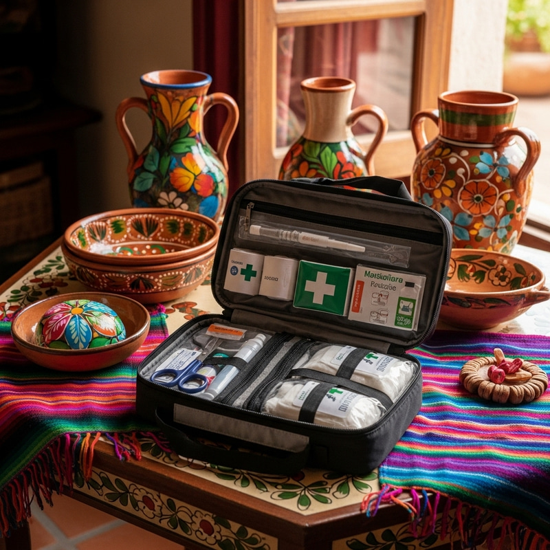 Primeros Auxilios Kit in Vibrant Mexican Setting Primeros Auxilios Kit in Vibrant Mexican Setting