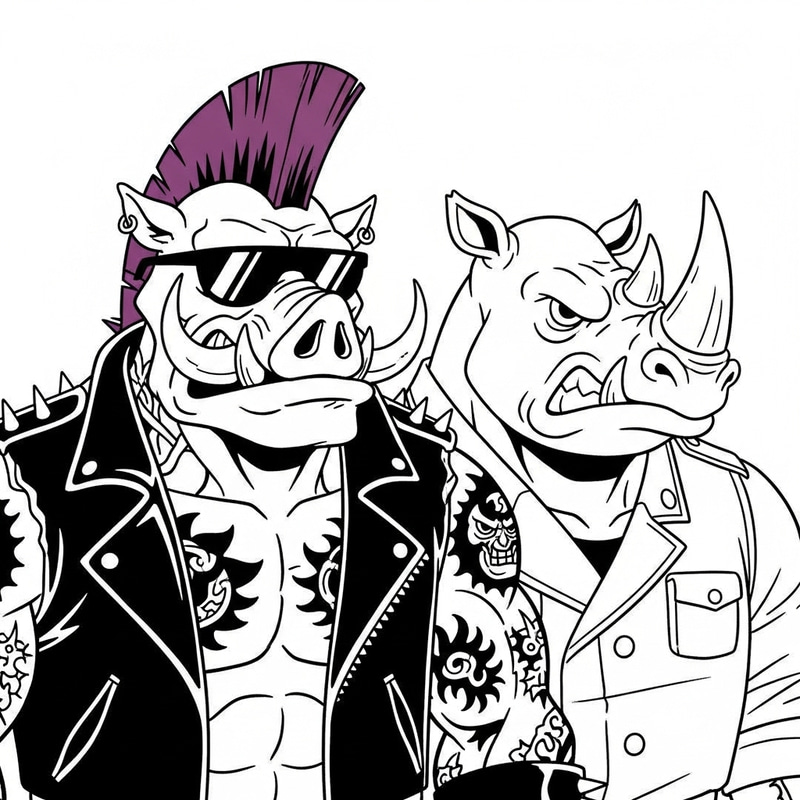 Boar Bebop & Rhinoceros Rocksteady TMNT Tattoo in Black & White Graphic Style