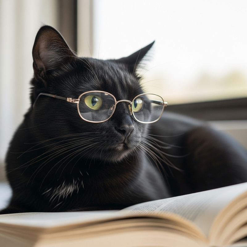 Charming Asian Cat in Glasses | Elegant Black Fur
