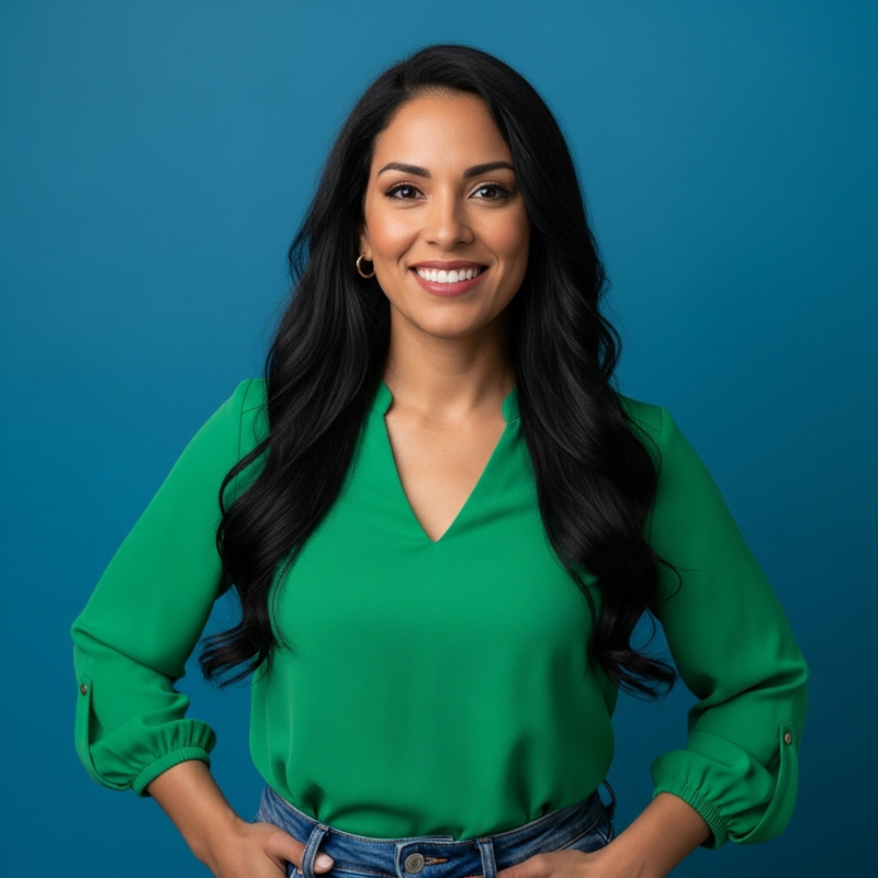Confident Hispanic Woman in Bright Green Blouse | Portrait Confident Hispanic Woman in Bright Green Blouse | Portrait