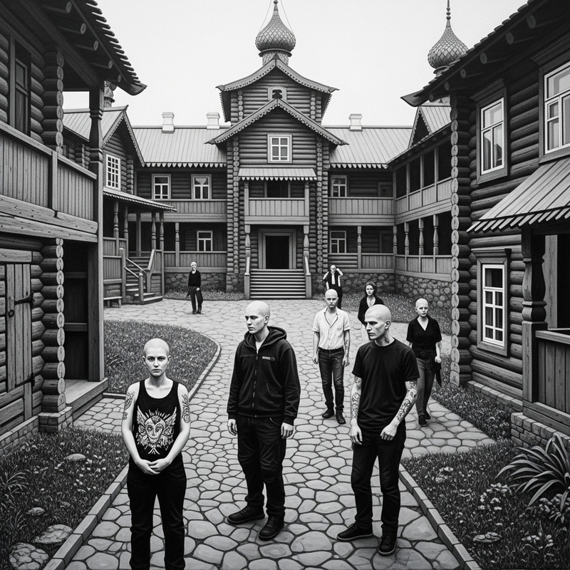 Monochromatic Painting of Skinheads in a Traditional Russian Courtyard Monochromatic Painting of Skinheads in a Traditional Russian Courtyard