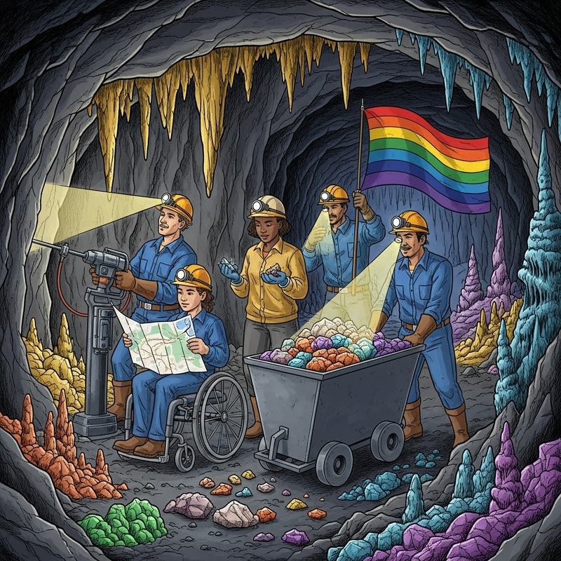 Celebratory Miner Scene: Diverse Workers and Colorful Minerals Celebratory Miner Scene: Diverse Workers and Colorful Minerals