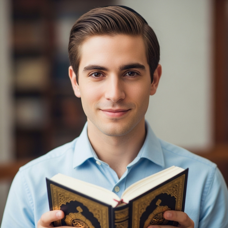 Jewish Man Smiling with Holy Quran Jewish Man Smiling with Holy Quran