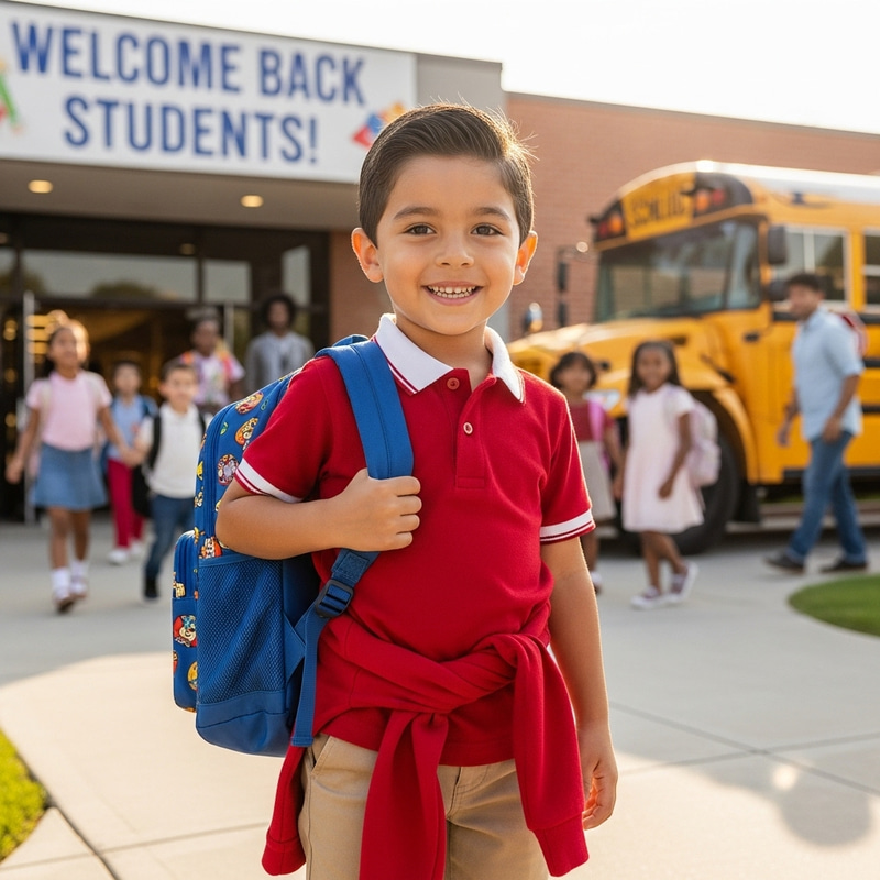 Start of School: Hispanic 5-Year-Old Boy in Red Uniform and White Polo