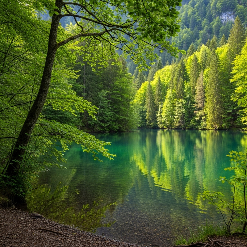 Tranquil Lake Surrounded by Lush Trees Tranquil Lake Surrounded by Lush Trees