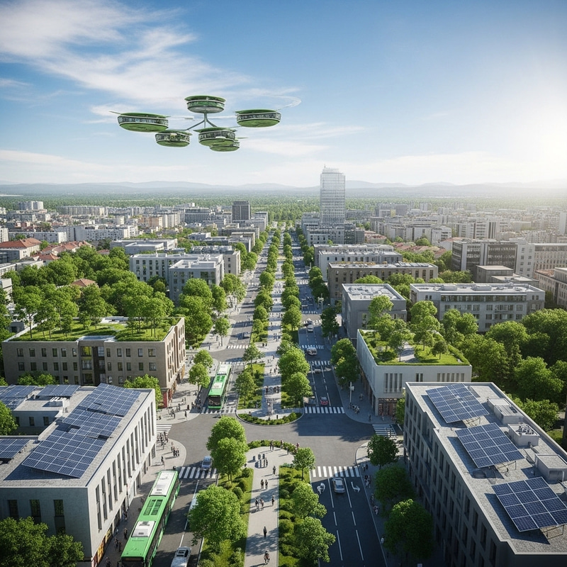 Prishtina 2050: Green Cityscape with Trees, Solar Panels & Eco Transport