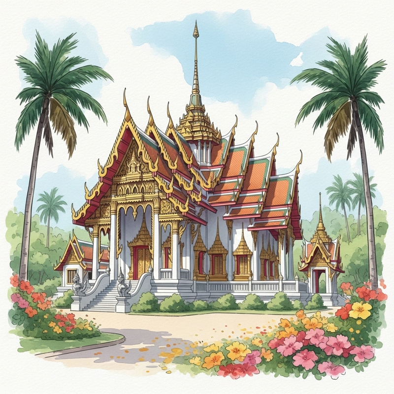 Serene Thai Temple - A Captivating Watercolor Interpretation