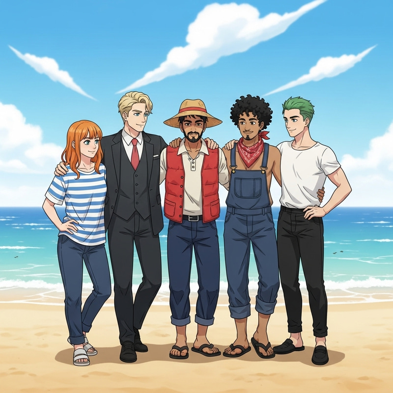 Reunited Friends NAMI, SANJI, LUFFY, USOPP, ZORO on Sunny Beach Reunited Friends NAMI, SANJI, LUFFY, USOPP, ZORO on Sunny Beach