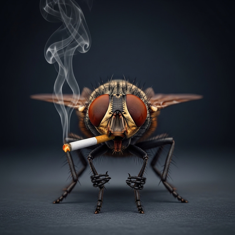 Mystical Fly with Red Eyes Smoking a Cigarette Mystical Fly with Red Eyes Smoking a Cigarette