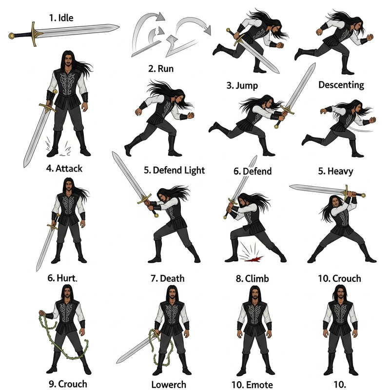 Vintage Gothic Warrior Sprite Sheet with Long Black Hair