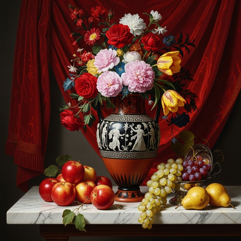 Roman Amphora with Intricate Floral Patterns and Fruits | Still Life Painting Roman Amphora with Intricate Floral Patterns and Fruits | Still Life Painting